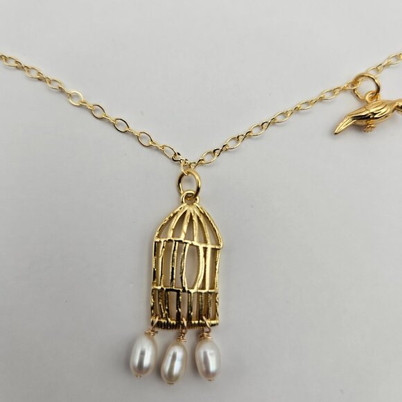 (NWT) 14k GF Caged Bird Flies Free Dainty Chain Necklace Handmade Vintage - Picture 4 of 16
